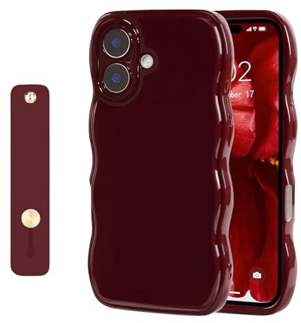 NITITOP Compatible with iPhone 16 Case Cute Burgundy Simple Wave Design Stylish Wavy Curly Frame with Wrist Adjustable Hand Strap Kickstand Grip Holder Protective Cover-Wine Red