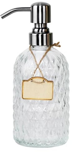 YCHMIR Küchen-Seifenspender mit Rautenmuster, nachfüllbar, rostfrei, Flüssigseifenspender, nachfüllbarer Badezimmer-Seifenspender, transparent + silberfarbene Pumpe, 473 ml