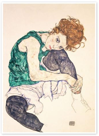Sitzende Frau mit hochgezogenem Knie Poster von Egon Schiele 30 x 40 cm Beige Wandbilder Wanddeko
