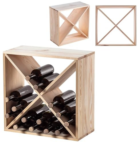 KADAX Casier à vin en bois, 52 x 25,5 x 52 cm, grande étagère à bouteilles pour de nombreuses bouteilles de vin, support à vin rustique, étagère peu encombrante pour bouteilles, armoire à vin stable,