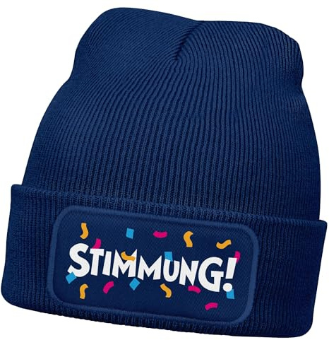 MoonWorks® Damen Beanie mit Patch Strickmütze mit Spruch Stimmung Karneval Fasching Party Outfit Aufdruck Lustig Damenmütze Dunkelblau Unisize