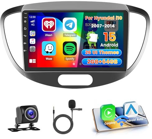 Hikity 2+64G Autoradio Navi Für Hyundai i10 2007-2013 mit Wireless Carplay Android Auto Mirror Link, 9 Zoll Touchscreen Android 15 Radio Bluetooth mit GPS WiFi EQ FM RDS SWC MIC Rückfahrkamera