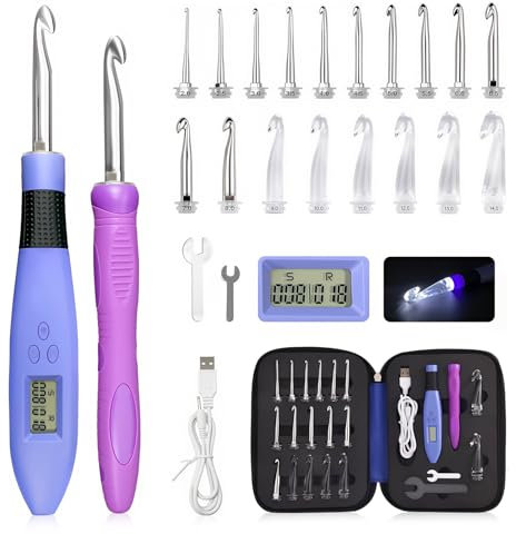 AIYUNDI 18-in-1 LED Leuchtende Häkelnadel Set mit Stichzähler -18 Austauschbare Größen (2–14 mm),Inklusive Großer & Kleiner Schraubenschlüssel, 2 LED Helligkeitsstufen & Schnellladung,Häkelnadeln Set