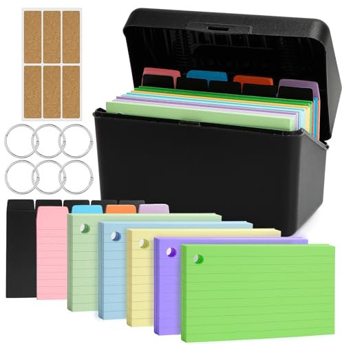 HIMOMO Index card box Set with 250pcs A7 Flashcards Lined,1 Colored Index Tabs,6 Rings, 6 Stickers, 5 black dividers, Flashcard Box for Office School Home Learning Record(368pcs)