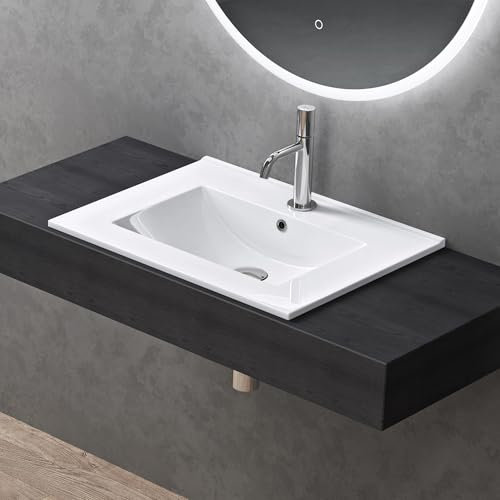 doporro Lavabo da Incasso Rettangolare 60 cm in Ceramica Bianco Lucido, Lavandino Integrato con Foro Rubinetto, Installazione su Mensola o Mobile Bagno Brüssel912
