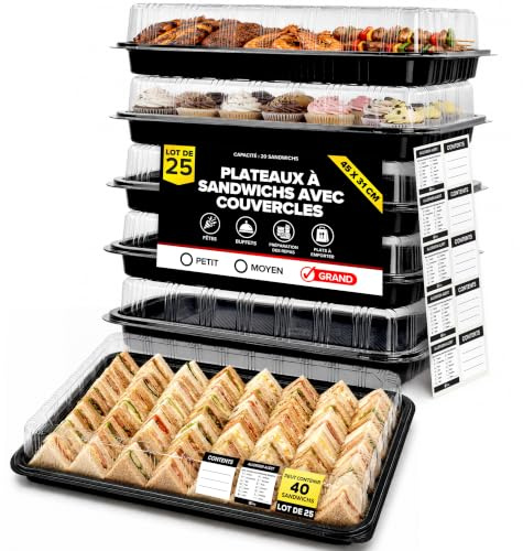 ebake 25 Pack Sandwich Platter Trays with Lids – Reusable Catering Food Trays for Parties, Buffets, Sushi, Sandwiches, Cake & Meal Prep (45cm × 31cm × 7.5 cm)