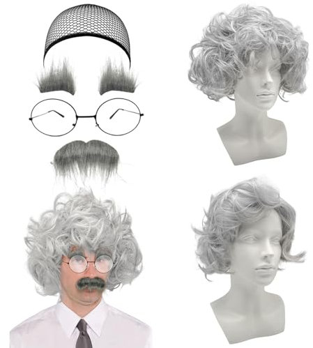 SAIIURV 5 Stück Opa Kostüm Set, Alter Mann Graue Perücke mit Bart Brille Haarnetz, Opa Perücke Herren Kostüm Verrückte Professor Wissenschaftler für Cosplay Party Halloween Karneval (Grau)