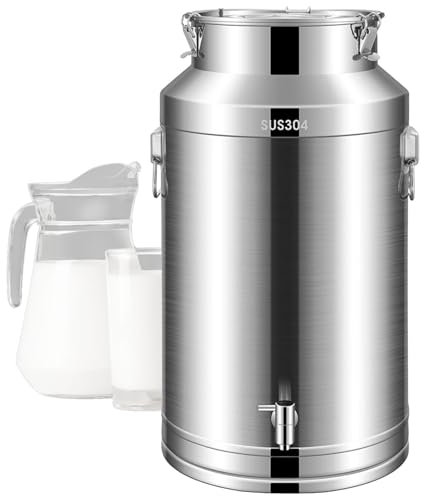 Adima pichet à lait robuste 304 Pot à lait en acier inoxydable 20L Acier Inoxydable Bidon de Transport de Lait avec Couvercle Scellé et Robinet Stockage fixe,20L