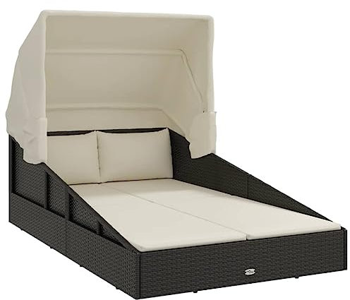 Kangmusi Sonnenliege mit Faltdach Schwarz 200x114x128 cm Poly Rattan, Schwarz 362273