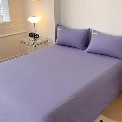 Lirzxin Bettlaken ohne Gummi 200x230 cm, Betttücher Einzelbett Baumwolle Einfarbig Betttuch und 2 Kissenbezüge Sommer Atmungsaktives und Weiches, Lila