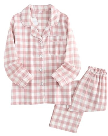 Ensembles De Pyjama Femme Fille 2 PièCes Bouton VêTements De Nuit À Carreaux Manches Longues Col V Chemise Et Pantalon Ensemble Pyjama De Vacances à Carreaux En Coton Boutonné