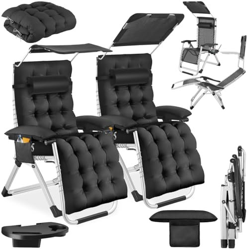 TecTake® Silla Tumbona Plegable para Playa y Jardín, Cojín Cabezal, Estructura de Acero, Mesa Auxiliar, Camping, Incluye Parasol y Bolsillo, Silla Exterior Terraza - 2 Tumbonas Negro