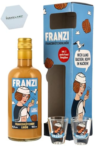 FRANZI Franzbrötchen Sahnelikör – Geschenkset mit 2 Shotgläsern – 15 % Vol | 0,5 L