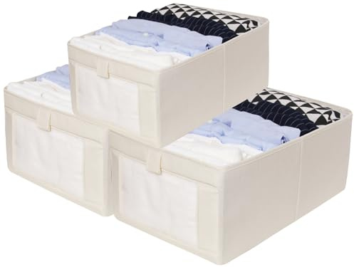 IHOMAGIC 3Pcs Faltbarer Aufbewahrungskiste mit Griffen, Stapelbarer Kleiderschrank Organizer mit Transparentem Sichtfenster, Multifunktionaler Aufbewahrungskorb für Garderobe, Bücherregal, Beige