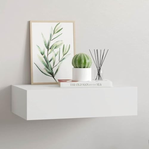 FENLAX Schubladenregal 40x23,5x10 cm Weiß MDF, Metall Wandschrank Wandboard Mit Schublade Schweberegal Wandregal Mit Schubladen Hängeschublade Wohnwand Modern Hängeschrank