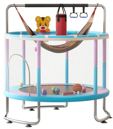 Trampoline for Kids, Adjustable Baby Toddler Trampoline with Basketball Hoop, 200Kg Indoor Outdoor Toddler Trampolines with Enclosure (Blue)