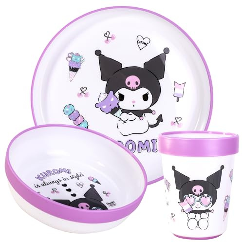 Kuromi Set di stoviglie riutilizzabili bicolore premium per bambini, 3 pezzi, piatto, ciotola e bicchiere, senza BPA