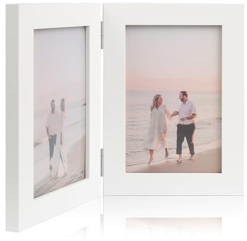 Double Photo Frame 6x4, Foldable Wooden Photo Frame with with Folding Hinges, Stand Vertical Baby Scan Photo Frames, Double Picture Frames for Family, Wedding, Baby Shower Party (White)