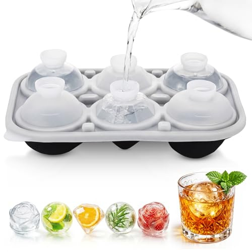 Silicone Ice Ball Maker Mould with Funnel Lid, Rose Diamond Ball Shapes Ice Cube Balls -5cm, Round Ice Cube Moulds for Whiskey Cocktails(6hole), Large Ice Cube Moulds for Freezer