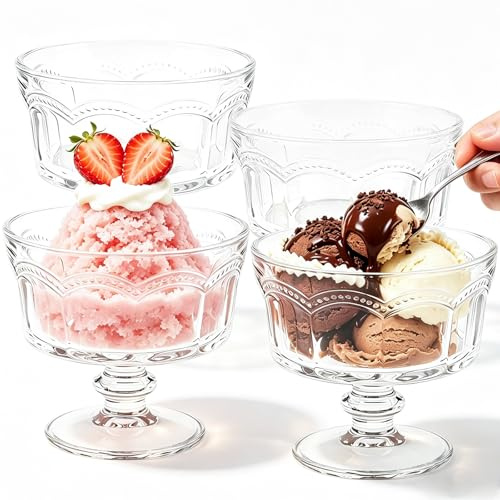 SilverChry Set med 4 dessertglas i glas, 250 ml, triffelskålar, dessertskålar, glasskopp, lämpliga för smoothies, desserter, skrapad is och fruktsallader (250 ml)