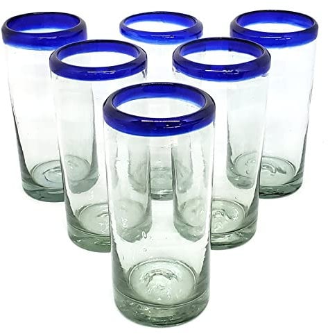 MexHandcraft Cobalt Blue Rim 14 oz Highball Glasses (set of 6), Recycled Glass, Lead-free, Toxin-Free (Highball)