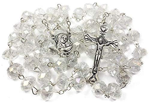 Catholic Rosary White Clear Crystal Beads Necklace with Holy Soil Medal and Metal Cross Communion Rosary Nazareth Store Velvet Gift Bag
