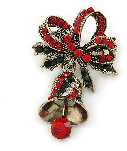 Vintage Inspired Red/Green/White Christmas Crystal Jingle Bell Brooch In Antique Gold Tone - 40mm