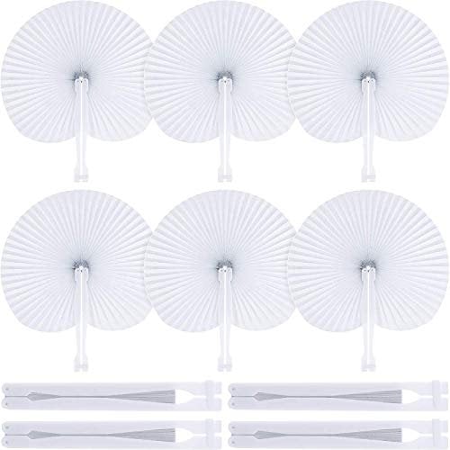 Icelus 60 Pieces Paper Fans,White Bulk Folding Foldable Hand Handheld Fans Wedding Decorations Heart Shaped Accordion Fans with Plastic Fan Handles for Wedding Birthday Guest Party Favors DIY
