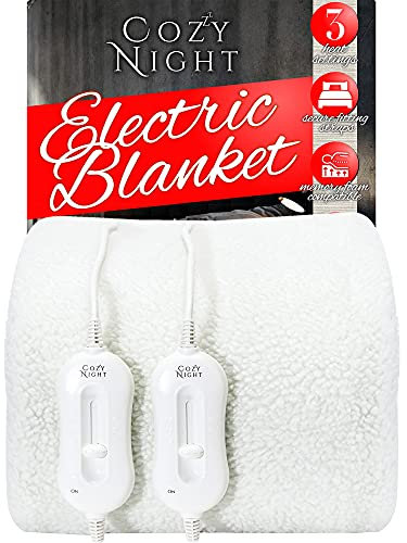 Cozy Night Electric Blanket King Size Fiied Mattress Cover Underblanket, Dual Control with 3 Heat Settings, Luxury Fleece Material, Machine Washable, Overheat Protection, Corner Straps, W152 x L200cm