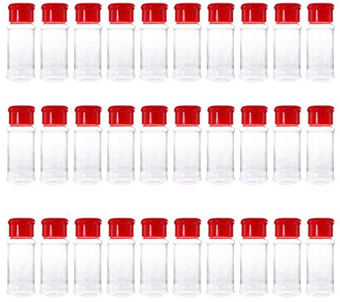 UPKOCH 30Pcs Plastic Spice Jars, Food Shaker, Non-Toxic, Transparent Body, Red, 4 x 4 x 10.5 cm, 30 Pieces, For Storing Spices, Herbs, Rubs, and Powders