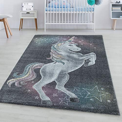 SIMPEX KinderTeppich, Einhorn-Design, Teppich Grau, 80 x 150 cm, Teppich für Kinder, Teppich Kinderzimmer