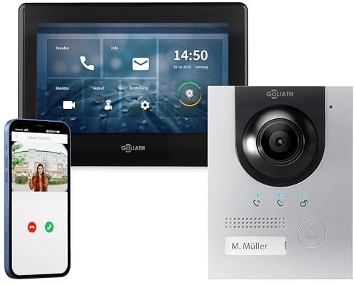 GOLIATH Full-HD Video Türsprechanlage, Aufputz Türstation in Silber, 1 Familienhaus Set, Touchscreen Monitor schwarz, 2 Draht Bus Gegensprechanlage, 2 Megapixel Kamera, 180° Weitwinkel, AV-BUS-103