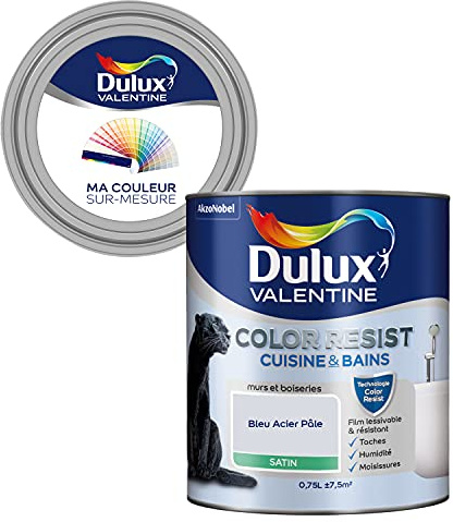 Ma Couleur Sur-Mesure par Dulux Valentine – Peinture Intérieure Murs, Plafonds, Boiseries - Palette Sens, Cuisine & Bain Satin, Bleu Acier Pâle, 0,75 L