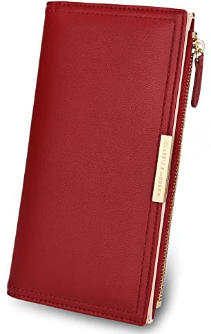 Mokoze Geldbörse für Damen, Ledergeldbörse mit Reißverschluss, Magnetverschluss, doppelt gefaltete Geldbörse für Geschenk, Alltag, Reisen und geschäftliche Anlässe, ideales Accessoire, Rot/Ausflug,