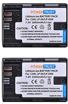 PowerTrust 2-Pack 2650mAh LP-E6 LP-E6N Battery Compatible with Canon EOS R5,R6,R7,80D, 70D, 60D, 7D Mark II, 7D, 6D MarkII, EOS 6D, EOS 5DS R, 5D Mark II, 5D Mark III, 5D Mark IV