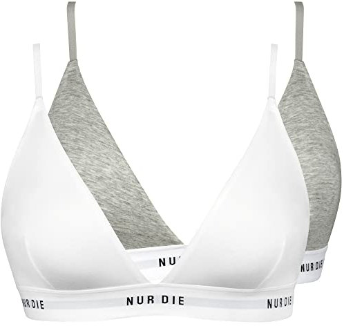 Nur Die 2er Pack Soft BH sportlich ohne Bügel bügelloser BH Triangel Bra Bustier Baumwolle Damen, Graumelange/Weiss, XL