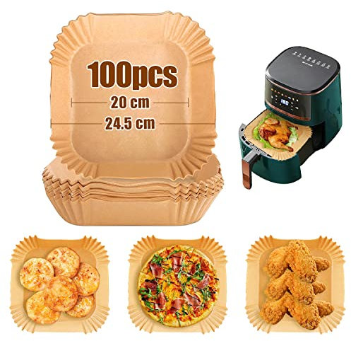 Backpapier Heißluftfritteuse, 100 Stücke 20cm Heissluftfritteuse Papier, Papiereinlagen für Heißluftfritteuse, Airfryer Papier, Papier für Heißluftfritteuse für Heißluftfritteuse, Ofen und Grill
