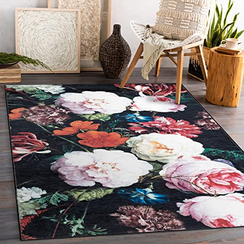 rugsx Tapis Moderne Lavable Andre pour la Chambre des Enfants, Le Salon, l'entrée, Moquette Lavable en Machine, Fleurs, Vintage, antidérapant - Noir/Rose 160x220 cm