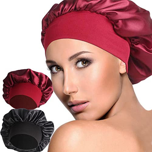 PUOKOTUL Seidenhaube Zum Schlafen Satin Haarhaube Bonnet Sleep-Cap Atmungsaktive Schlafhaube Seide Haarhaube für Die Nacht Elastische Breites-Band für Waschen Hautpflege,2 Stück，（Schwarz,Rot