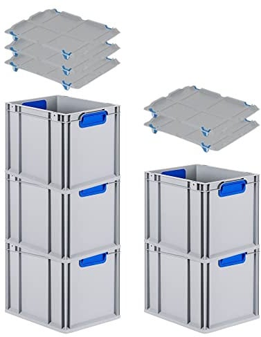 PROREGAL SuperSparSet 5x Eurobox NextGen Color mit Auflagedeckel & Schiebeschnappverschlüsse, HxBxT 32x30x40cm, 30L, Griffe blau geschlossen, Glatter Boden, Eurobehälter Transportbox Transportbehälter
