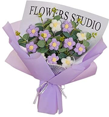 Harilla Gehäkelter Blumenstrauß, gehäkelter Blumenstrauß, Tischdekoration, handgefertigter gestrickter Blumenstrauß, gewebter Blumenstrauß für Bar, Hochzeit, Violett