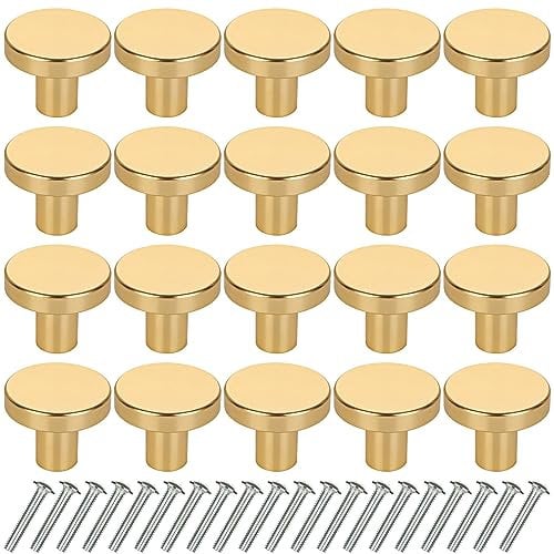 JMIATRY 20 Pcs Gold Drawer Knobs, 25 * 20 mm Round Brass Cabinet Knobs with Screws, Gold Drawer Handles for Drawers, Cupboard, Wardrobe and Furniture Decoration