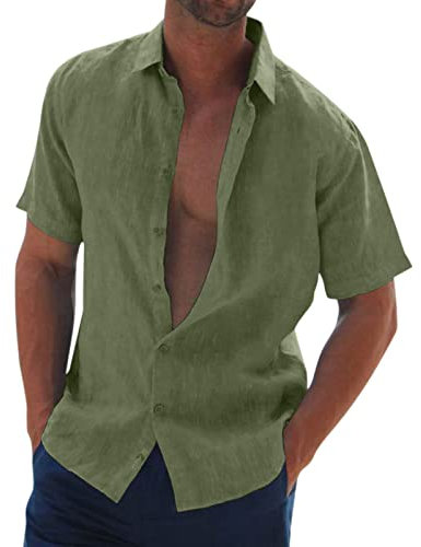 CUTeFiorino Shirt Men's Short Linen Male Casual Solid Shirt Short Sleeve Turn-Down Collar Shirt Button Formal Shirt Apricot Men, Army Green, 3XL