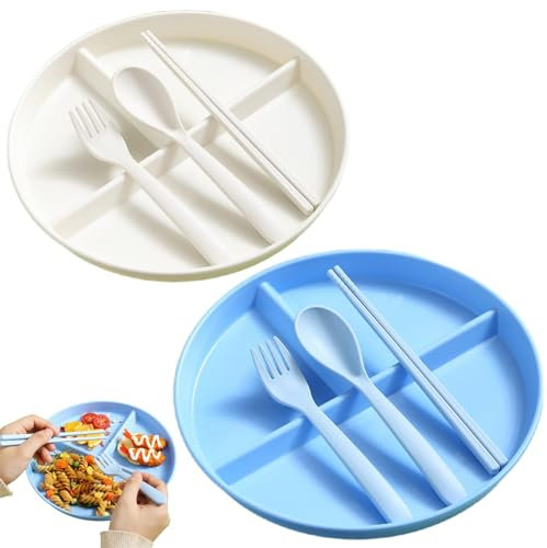 8 Piezas Platos Divididos con Particiones, Tres Compartimentos Platos Vajilla, Platos de Plástico Divididos, 22,5cm Vajilla Reutilizable para Control de Porciones, Viene con dos Juegos de Vajilla