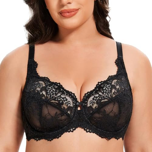MELENECA Women's Plus Size Minimizer Bras Full Coverage Lace Unlined Underwire Bra Black 40G