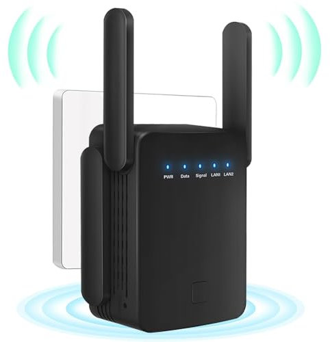 Répéteur WiFi, Extender WiFi, Amplificateur de Signal WiFi, 4 antennes, 2 Ports LAN, Couverture jusqu'à 300 mètres carrés, pour la Maison et Le Bureau, Facile à Installer
