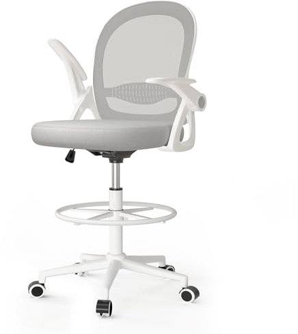 naspaluro Silla de Oficina con Anillo Reposapiés, Silla de Escritorio Ergonómica con Malla Transpirable, Reposabrazos Abatibles, Silla para Ordenador de Altura Regulable, Silla Giratoria de 360°, Gris