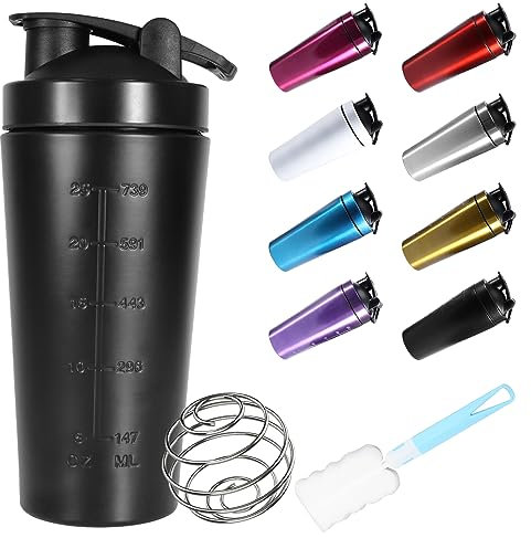 ZAKVOP 750 ml protein shaker edelstahl, shaker, shaker metall, Eiweiß Shaker, Eiweiss Bottle, BPA Free/Leak-Proof/Premium Edelstahl, Wasserflasche with Scale - for Clump Free Shakes - Black