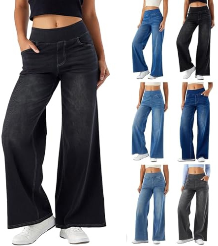 Pantalones Vaqueros Deportivos Holgados y Elásticos para Mujer, Alta Cintura, Pierna Ancha y Bolsillos