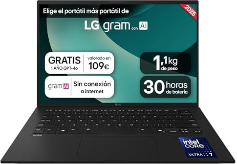 LG gram 14Z90T-G.AD8BB Ordenador Portátil 14 Pulgadas Intel Core Ultra7 255H, 32 GB RAM, 2TB SSD, Panel IPS Antirreflejo, WUXGA, 1.120 g, 30 Horas, Windows 11 Home, Negro, Teclado QWERTY Español